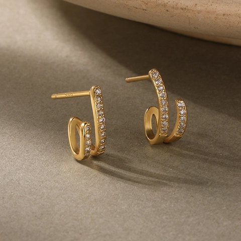 Dubbele Rij Zirkonia Huggie Hoop Oorbellen Met 925 Zilveren Oorknopje Minimalistische Chique Geometrische Sieraden Dames
