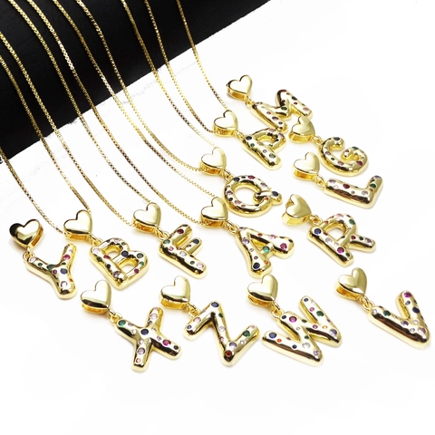 Alphabet Initial Pendant Necklace Copper Gold Plated Colorful Zircon Inlaid Heart Bail Box Chain Fashion Jewelry Women