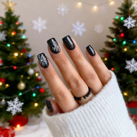 Christmas Press On Nails Black White Snowflake Glitter Long Square ABS False Nails For Women Winter Holiday