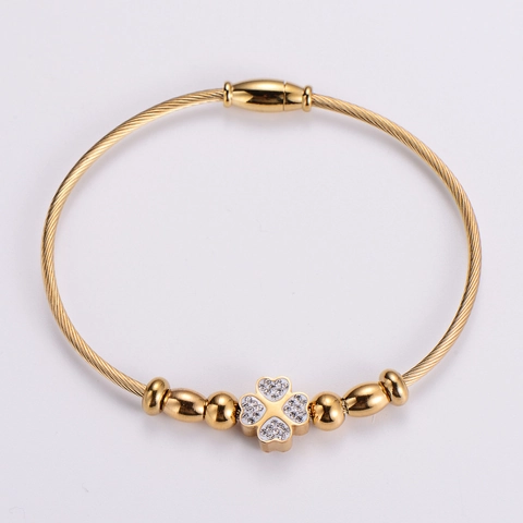 Bracciale Rigido In Filo Di Acciaio Inossidabile Con Quadrifoglio Strass Perline Metalliche Gioielli Da Donna