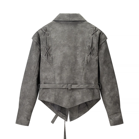 Chaqueta de Cuero de Gamuza Sintética para Mujer Ropa de Abrigo Corta Street Style Cordones Cruzados con Cinturón Gris Chaqueta Biker