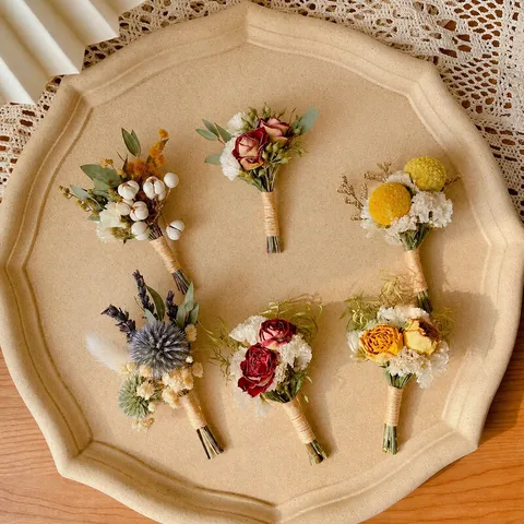 Preserved Flower Boutonniere Dried Rose Eucalyptus Twine Rustic Wedding Groom Bride Accessories Bohemian Vintage Floral