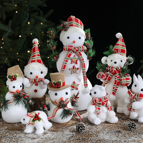 Christmas Snowman Polar Bear Figurines Flocked Foam Ornaments Plaid Fabric Winter Desktop Holiday Decoration Festive Gift