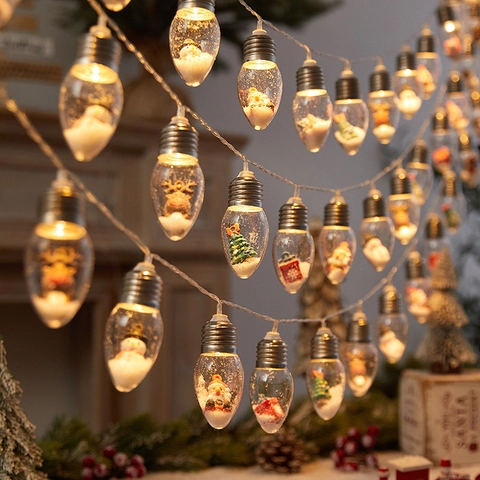 Christmas LED String Lights With Miniature Santa Snowman Bulb Wishing Bottle Warm White Battery Operated Holiday Decor