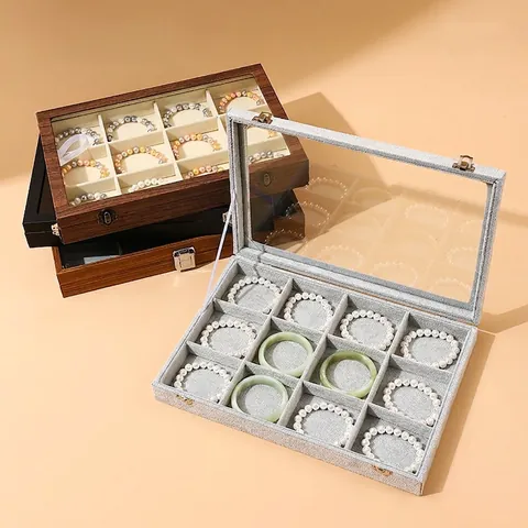 Jewelry Organizer Box Glass Lid Multiple Compartments Wood Grain PU Leather Velvet Lining Dustproof Lockable Display Case