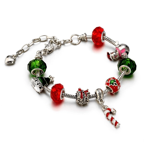 Christmas Charm Bracelet With Alloy Copper Snake Chain Colorful Glass Beads Santa Snowman Tree Pendants For Girls