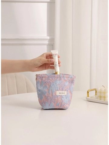 Floral Jacquard Cosmetic Bag Portable Canvas Makeup Pouch Women Daily Zipper Organizer Small Coin Storage Handbag