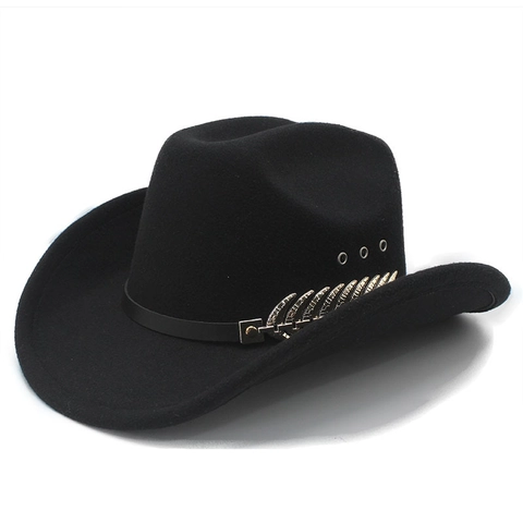 Western Cowboy Hat Wide Brim Cotton Polyester Felt Fedora Golden Feather Decor Breathable Holes Ethnic Style Men Women