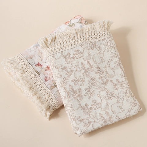 Newborn Cotton Muslin Swaddle Blanket With Tassels Soft Breathable Double Layer Gauze Receiving Blanket For Baby Boys Girls