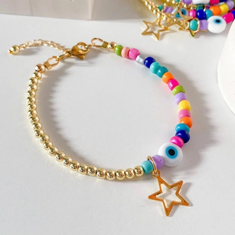 Bohemian Perlenarmband Mit 18K Kupfer Vergoldeten Perlen Bunten Glas Lampwork Evil Eye Und Sternanhänger Für Damen