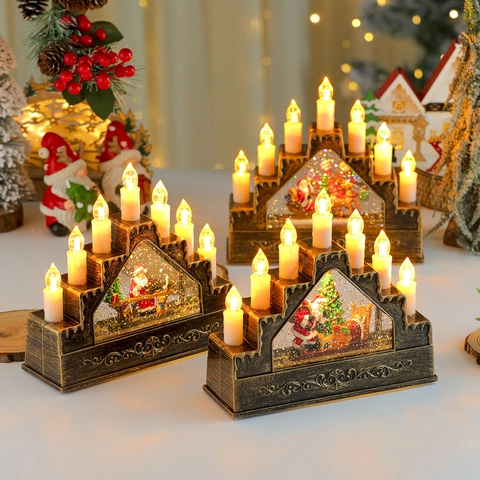 Puente De Velas Navidad LED Luz Bola De Nieve Agua Musical Giratoria Miniatura Escena Papá Noel Bronce Antiguo Plástico