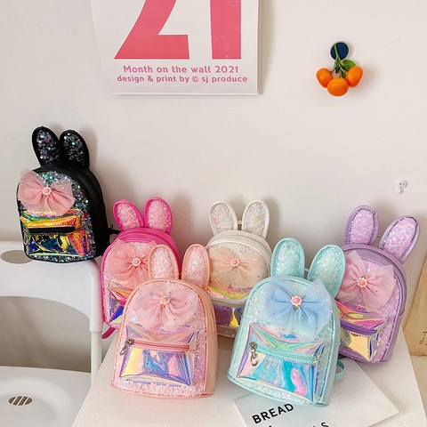 Mochila Niños Orejas De Conejo Lentejuelas Cuero PU Lazo Grande Bolsillo Holográfico Lindo Moda Niñas