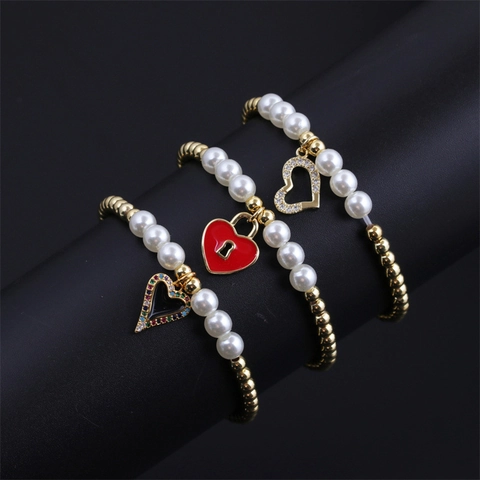 Bracciale Ciondolo Cuore Donna Perla Artificial Rame Imitazione Perla Artificial Smalto Zircone Elastico Gioielli Moda Regalo