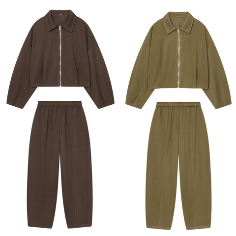 Women Jacket And Pants Suit Polyester Solid Color Zip Up Lapel Long Sleeve Elastic Waist Casual Streetwear Casual Wear