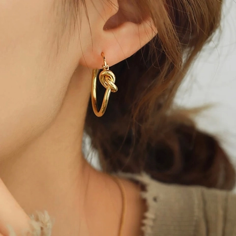 Knot Design Jewelry Stainless Steel 18K Gold Plated Twisted Hoop Earrings And Pendant Necklace Minimalist Fashion Women