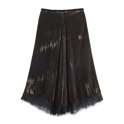 Women Velvet Midi Skirt Elegant High Waist Retro Streetwear With Lace Hem And Side Zipper Solid Color