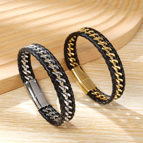Herren Armband Geflochtenes Mikrofaser Leder Edelstahl Gliederkette Magnetverschluss Punk Stil Schmuck Geschenk Für Männer