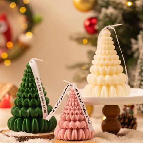 Christmas Tree Scented Candle Soy Wax Blend Origami Design Decorative Holiday Tabletop Ornament Ribbon Best Wishes Home