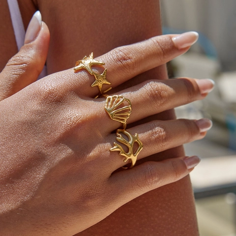 Ocean Theme Adjustable Open Ring Stainless Steel Gold Plated Starfish Shell Coral Summer Beach Jewelry For Women