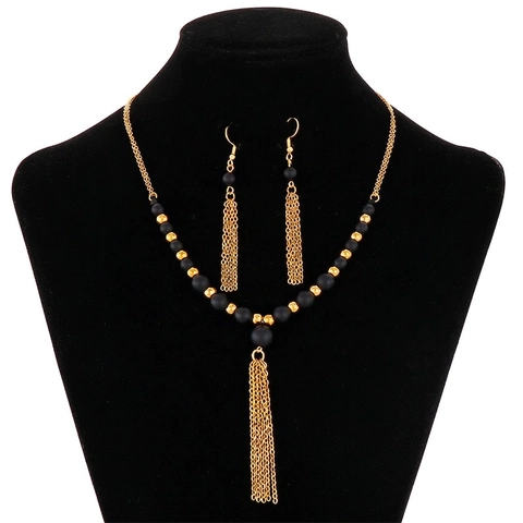 Bohemian Stainless Steel Jewelry Set For Women Natural Stone Beads Long Metal Chain Tassel Necklace Hook Earrings Set