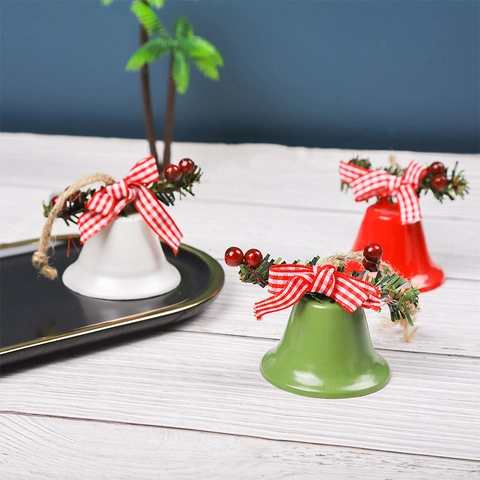 Christmas Metal Hanging Bell Ornaments With Plaid Bows Pine Needles Berries Star Cutouts Festive Holiday Tree Decor