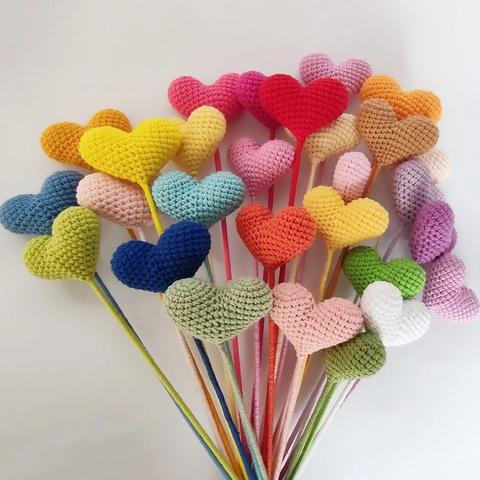 Handmade Crochet Knitted Heart Flower Bouquet Milk Cotton Yarn Artificial Floral Stems Home Decor Colorful Gift