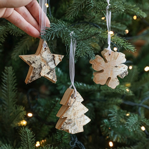 Addobbi Natalizi Appesi Legno Naturale Corteccia Di Betulla Stella Fiocco Cuore Albero Renna Decoro Rustico Nordico