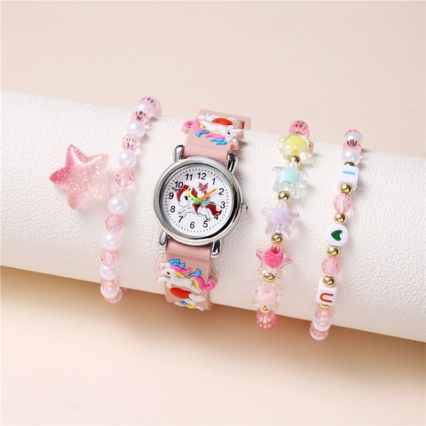Kinder Quarz Uhr Perlen Armbänder Einhorn Regenbogen Muster Silikon Legierung Analog Anzeige Täglich Student Rosa Accessoire