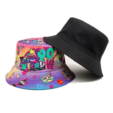 90s Retro Graffiti Print Vissershoed Polyester Omkeerbaar Zonbescherming Streetwear Pop Art Vintage Voor Dames