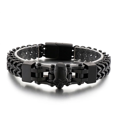 Heavy Stainless Steel Skull Head Bracelet Double Row Chain Punk Hip Hop Gothic Biker Jewelry Gift For Men