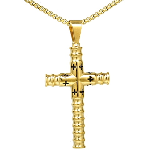 Roestvrijstalen Kruis Hanger Ketting Voor Heren Dames Cilindrische Bamboe Textuur Religieuze Gothische Sieraden