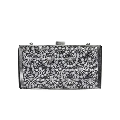 Bolso De Noche De Diamantes De Imitación Perla Artificial Patrón Abanico Clutch Rígido De Lujo Bolso De Fiesta Con Cadena De Metal