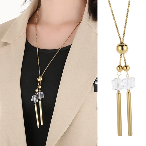 Collana Lunga Con Pendente In Acciaio Inossidabile Minimalista Geometrico Cubo Trasparente Nappa Cilindrica Catena Per Maglione Regolabile Per Donna