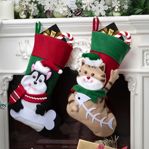 Christmas Stocking Hanging Gift Bag 3D Cartoon Cat Dog Animal Plush Polyester Fireplace Home Holiday Holiday Decor