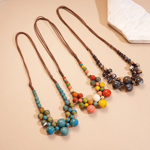 Collana Di Perle In Ceramica Fatta A Mano Stile Boho Vintage Etnico Corda Intrecciata Gioielli Per Donne
