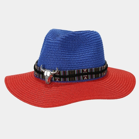 Chapeau De Cow-Boy En Paille Décor Tête De Taureau Ethnique Respirant Protection Solaire Été Plage Style Panama Unisexe