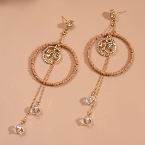 Boheemse Kwastjes Oorbellen Legering Zirkoon Ster Maan Hanger Geweven Papieren Touw En 925 Sterling Zilveren Oorsteker