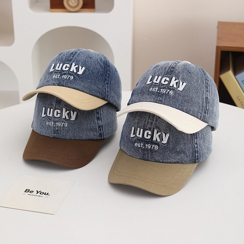 Gorra De Béisbol Niños Denim Lavado Color En Contraste Bordado Letras Lucky Protección Solar Estilo Retro Niños Niñas