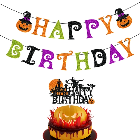 Striscione Happy Birthday Halloween E Topper Torta Carta Glitter Zucca Cappello Strega Design Decorazioni Feste