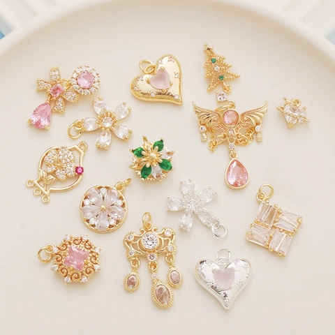 Charms Cuore Fiore Farfalla Ala Angelo Placcato Oro 14K Lega Zircone Ciondoli Per Creazione Gioielli Fai Da Te