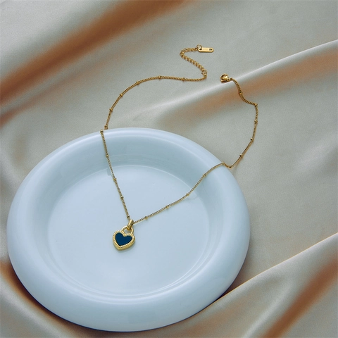 Heart Necklace And Earrings Jewelry 18K Gold Plated Titanium Steel Black Enamel Elegant For Women