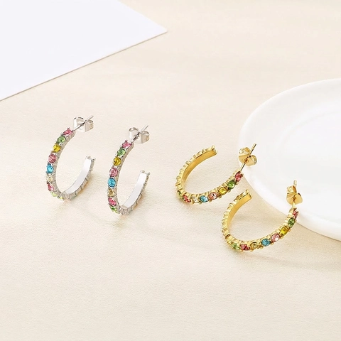 Orecchini A Cerchio A Forma Di C In Acciaio Inossidabile Con Strass Colorati Gioielli Di Moda Geometrici Per Donna