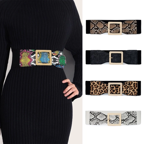 Cintura Corsetto Larga Donna Stampa Serpente Colorata Elastica Fibbia Lega Quadrata Dorata Elegante Per Abiti