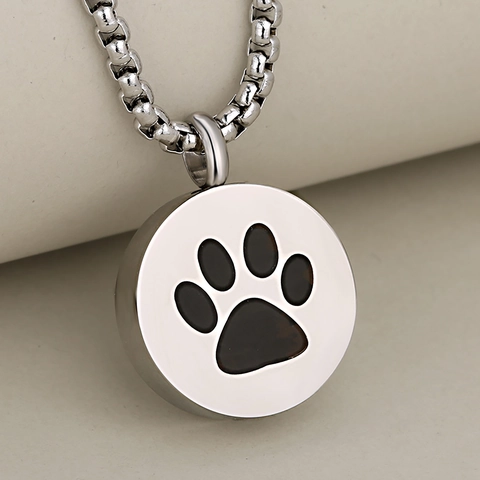 Stainless Steel Cremation Urn Pendant Necklace Round Openable Memorial Pet Paw Print Keepsake Jewelry For Ashes