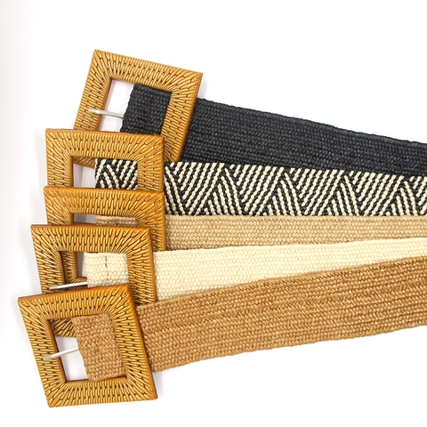 Women Wide Woven Elastic Belt Straw Style Bohemia Stretch Waistband With Square Buckle