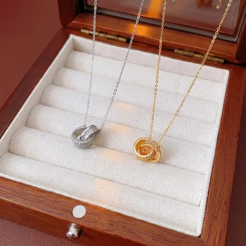 Doppel Ineinandergreifende Kreise Anhänger Halskette Kupfer Vergoldet Zirkon Elegant Minimalistischer Schmuck Damen