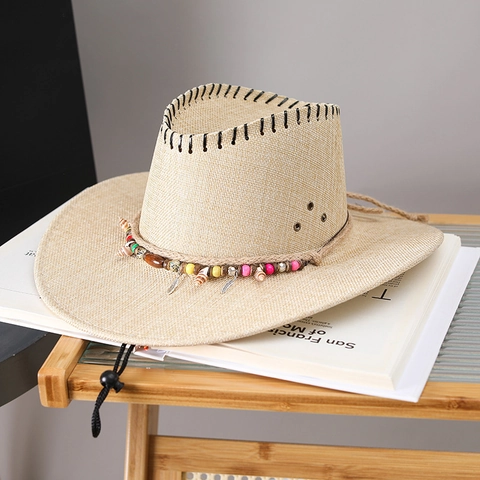 Western Cowboy Straw Hat Bohemian Wide Brim Sun Breathable Beach Hat With Beads Shells And Adjustable Windproof Rope