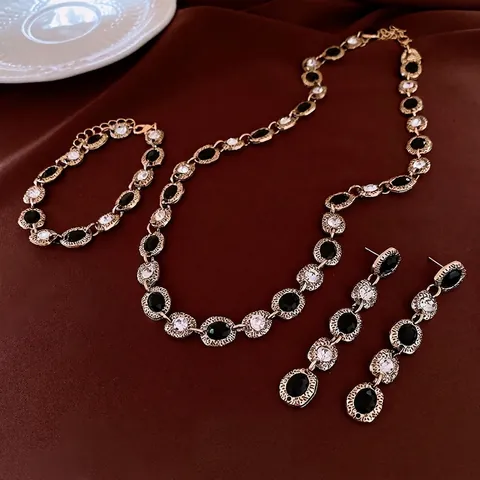 Vintage Barock Halskette Armband Ohrringe Schwarzer Ovaler Stein Zirkon Goldlegierung Silver Earring Post Retro Für Damen
