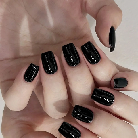 Unghie Finte Nere Lucide A Pressione Forma Quadrata Corta Unghie Artificiali Minimaliste Manicure Decorazione Unghie Indossabile