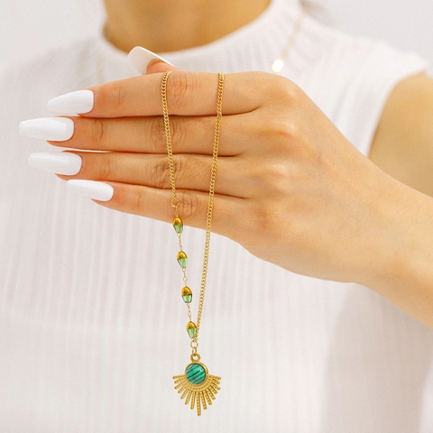 Collana In Acciaio Inossidabile Placcato Oro 18K Malachite Verde Smeraldo Pendente A Raggiera Stratificata Gioielli Retro Boho Donne